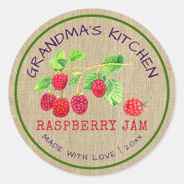 Rustic Made with Love Burlap Raspberry Jam Classic Round Sticker (Front)