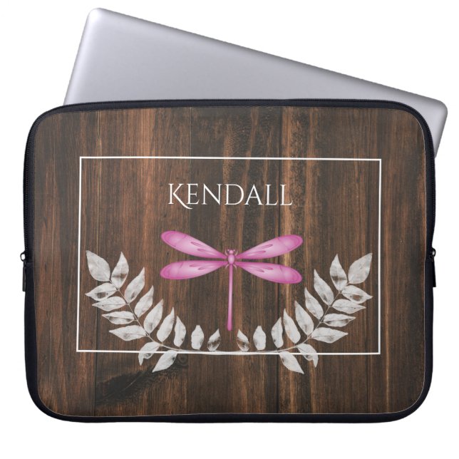 Rustic Magenta Dragonfly Personalized Laptop Sleeve (Front)