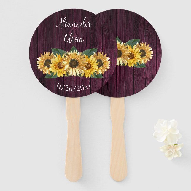 Rustic Magenta Sunflower Wedding Favour Hand Fan (Front and Back)