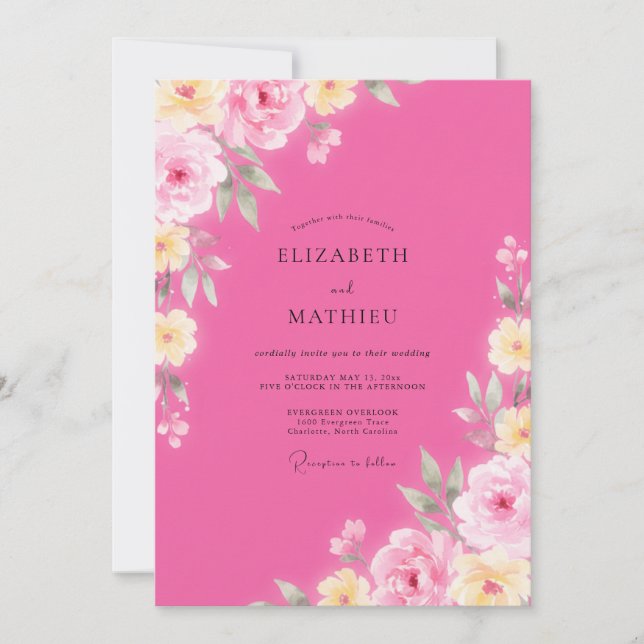 Rustic Magenta Yellow Peony Wedding Invitation (Front)