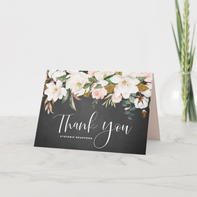 Rustic Magnolia Cotton Garland Chalkboard Wedding Thank You Card (Front)