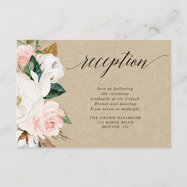 Rustic magnolia floral white blush reception enclosure card (Front)