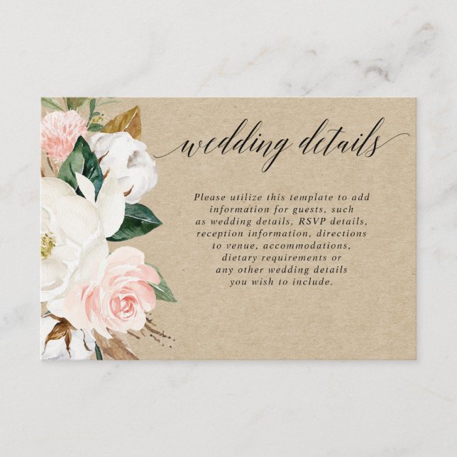 Rustic magnolia floral white blush wedding details enclosure card (Front)