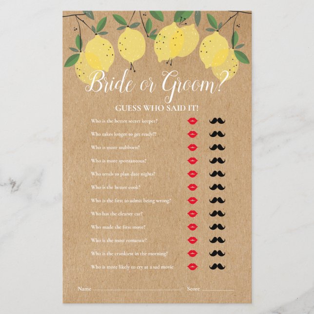 Rustic Main Squeeze Guess Who Bridal Shower Game (Front)