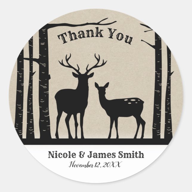 Rustic Male Female Doe Deer Black Birch Favour Classic Round Sticker (Front)