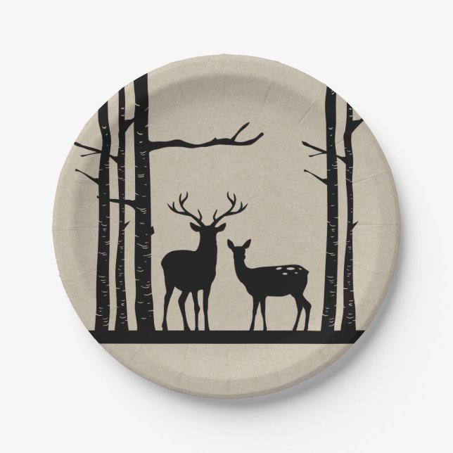 Rustic Male Female Doe Deer Black Birch Wedding Paper Plate (Front)