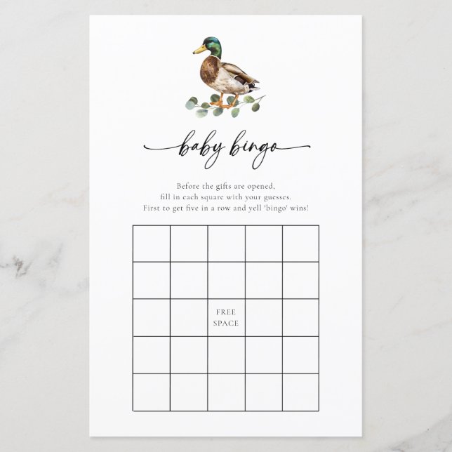 Rustic Mallard Duck Baby Shower Bingo Game Card (Front)