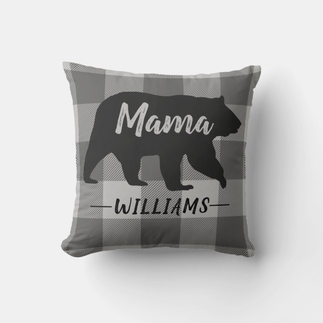 Rustic Mama Bear Buffalo Plaid Monogram Name Throw Pillow (Front)