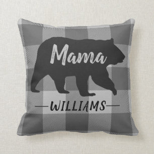 Rustic Mama Bear Buffalo Plaid Monogram Name Throw Pillow
