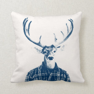 Rustic Man Buck with Antlers in Blue and Cream Throw Pillow