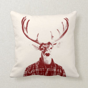 Rustic Man Buck with Antlers in Red and Cream Throw Pillow