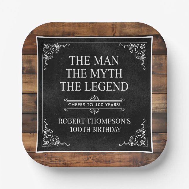 Rustic Man Myth Legend 100th Birthday Black  Paper Plate (Front)