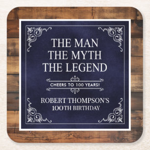 Rustic Man Myth Legend 100th Birthday Navy Blue Square Paper Coaster