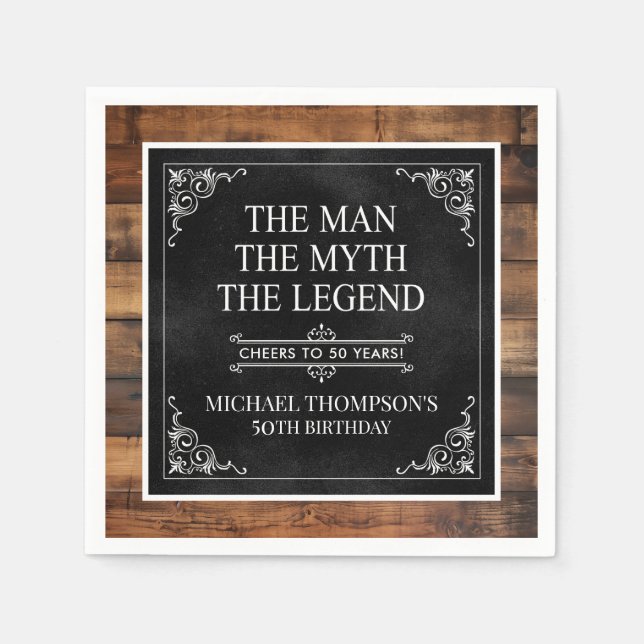 Rustic Man Myth Legend 50th Birthday Black  Napkin (Front)
