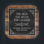 Rustic Man Myth Legend 50th Birthday Black  Paper Plate<br><div class="desc">He IS The Man The Myth The LEGEND! His life has been an amazing adventure and it's time to celebrate his legacy and him. This rustic wood backed textured black paper with white type and white scrolled corners 50th Birthday 7" square paper plates are perfect for honouring and celebrating this...</div>
