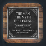 Rustic Man Myth Legend 50th Birthday Black  Paper Plate<br><div class="desc">He IS The Man The Myth The LEGEND! His life has been an amazing adventure and it's time to celebrate his legacy and him. This rustic wood backed textured black paper with white type and white scrolled corners 50th Birthday 9" square paper plates are perfect for honouring and celebrating this...</div>