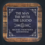 Rustic Man Myth Legend 50th Birthday Navy Blue  Paper Plate<br><div class="desc">He IS The Man The Myth The LEGEND! His life has been an amazing adventure and it's time to celebrate his legacy and him. This rustic wood backed textured navy blue paper with white type and white scrolled corners 50th Birthday 9" square paper plates are perfect for honouring and celebrating...</div>