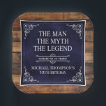 Rustic Man Myth Legend 50th Birthday Navy Blue  Paper Plate<br><div class="desc">He IS The Man The Myth The LEGEND! His life has been an amazing adventure and it's time to celebrate his legacy and him. This rustic wood backed textured navy blue paper with white type and white scrolled corners 50th Birthday 7" square paper plates are perfect for honouring and celebrating...</div>