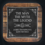 Rustic Man Myth Legend 60th Birthday Black  Paper Plate<br><div class="desc">He IS The Man The Myth The LEGEND! His life has been an amazing adventure and it's time to celebrate his legacy and him. This rustic wood backed textured black paper with white type and white scrolled corners 60th Birthday 9" square paper plates are perfect for honouring and celebrating this...</div>