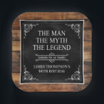 Rustic Man Myth Legend 60th Birthday Black  Paper Plate<br><div class="desc">He IS The Man The Myth The LEGEND! His life has been an amazing adventure and it's time to celebrate his legacy and him. This rustic wood backed textured black paper with white type and white scrolled corners 60th Birthday 7" square paper plates are perfect for honouring and celebrating this...</div>