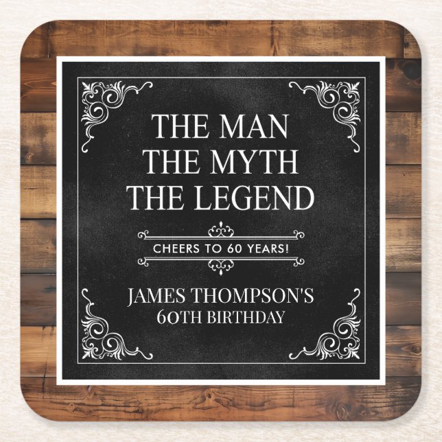 Rustic Man Myth Legend 60th Birthday Black Square Paper Coaster (Front)