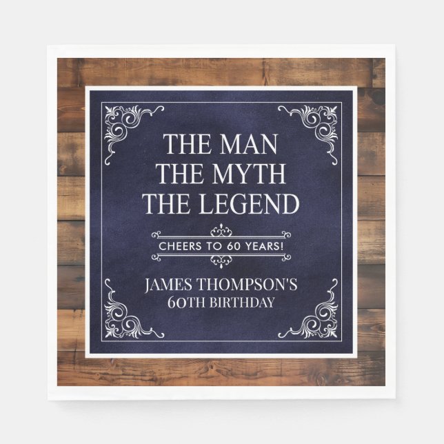Rustic Man Myth Legend 60th Birthday Navy Blue  Napkin (Front)