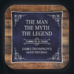 Rustic Man Myth Legend 60th Birthday Navy Blue  Paper Plate<br><div class="desc">He IS The Man The Myth The LEGEND! His life has been an amazing adventure and it's time to celebrate his legacy and him. This rustic wood backed textured navy blue paper with white type and white scrolled corners 60th Birthday 9" square paper plates are perfect for honouring and celebrating...</div>