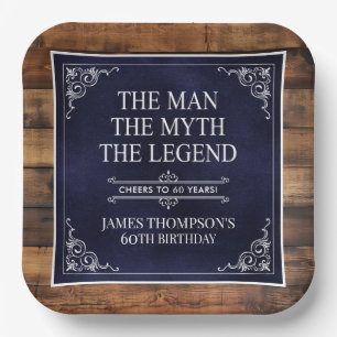Rustic Man Myth Legend 60th Birthday Navy Blue  Paper Plate