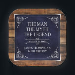Rustic Man Myth Legend 60th Birthday Navy Blue  Paper Plate<br><div class="desc">He IS The Man The Myth The LEGEND! His life has been an amazing adventure and it's time to celebrate his legacy and him. This rustic wood backed textured navy blue paper with white type and white scrolled corners 60th Birthday 7" square paper plates are perfect for honouring and celebrating...</div>
