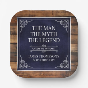 Rustic Man Myth Legend 60th Birthday Navy Blue Paper Plate