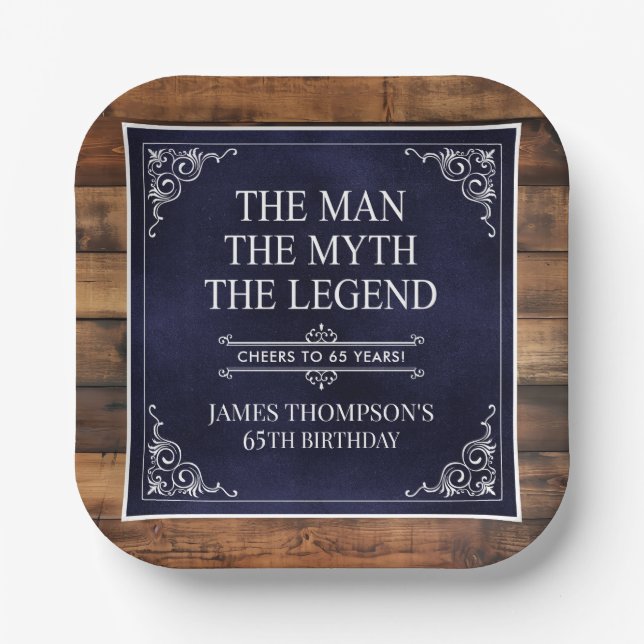 Rustic Man Myth Legend 65th Birthday Navy Blue  Paper Plate (Front)