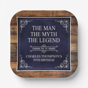 Rustic Man Myth Legend 70th Birthday Navy Blue  Paper Plate