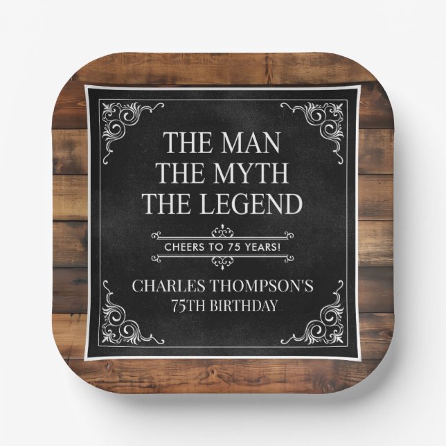 Rustic Man Myth Legend 75th Birthday Black  Paper Plate (Front)