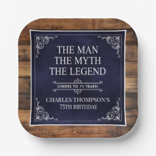 Rustic Man Myth Legend 75th Birthday Navy Blue Paper Plate