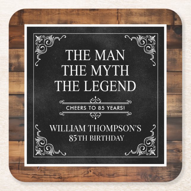 Rustic Man Myth Legend 85th Birthday Black Square Paper Coaster (Front)