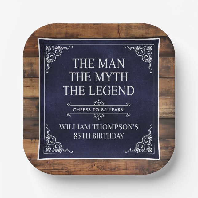 Rustic Man Myth Legend 85th Birthday Navy Blue  Paper Plate (Front)