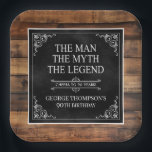 Rustic Man Myth Legend 90th Birthday Black  Paper Plate<br><div class="desc">He IS The Man The Myth The LEGEND! His life has been an amazing adventure and it's time to celebrate his legacy and him. This rustic wood backed textured black paper with white type and white scrolled corners 90th Birthday 9" square paper plates are perfect for honouring and celebrating this...</div>