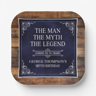 Rustic Man Myth Legend 90th Birthday Navy Blue  Paper Plate