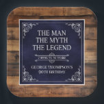 Rustic Man Myth Legend 90th Birthday Navy Blue  Paper Plate<br><div class="desc">He IS The Man The Myth The LEGEND! His life has been an amazing adventure and it's time to celebrate his legacy and him. This rustic wood backed textured navy blue paper with white type and white scrolled corners 90th Birthday 9" square paper plates are perfect for honouring and celebrating...</div>