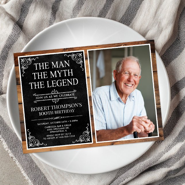 Rustic Man Myth Legend Black 100th Birthday Photo Invitation (Creator Uploaded)