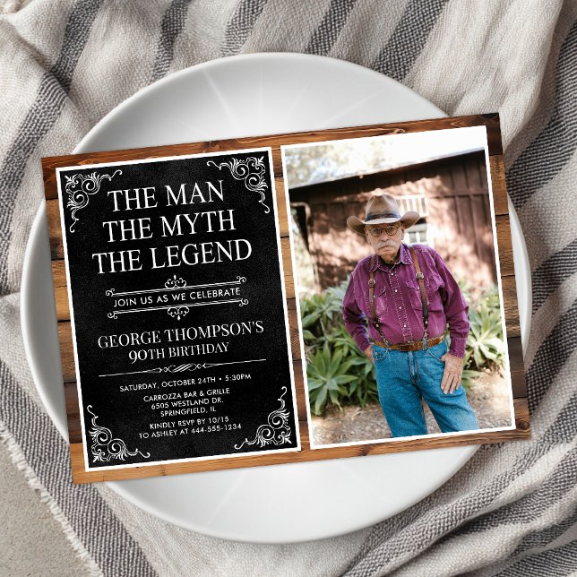 Rustic Man Myth Legend Black 90th Birthday Photo Invitation (Creator Uploaded)