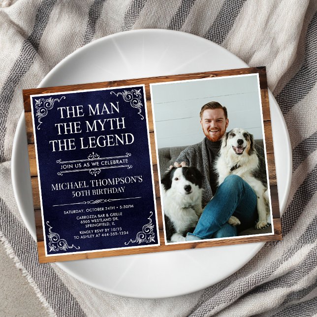 Rustic Man Myth Legend Blue 50th Birthday Photo Invitation (Creator Uploaded)