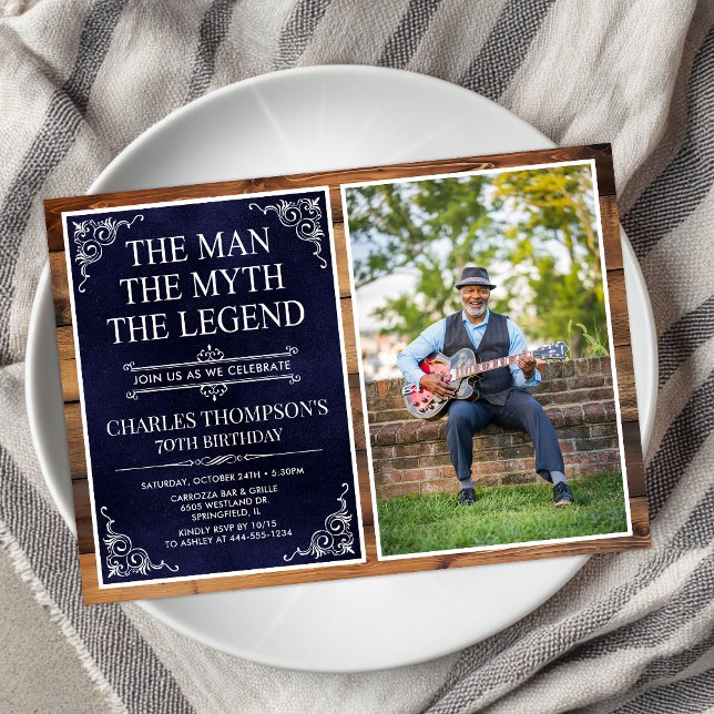 Rustic Man Myth Legend Blue 70th Birthday Photo Invitation (Creator Uploaded)