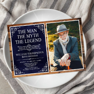 Rustic Man Myth Legend Blue 80th Birthday Photo Invitation