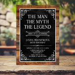 Rustic Man Myth Legend Surprise 60th Birthday Invitation<br><div class="desc">He IS The Man The Myth The LEGEND! His life has been an amazing adventure and it's time to celebrate his legacy and him. This rustic wood backed textured black paper with white type and and white scrolled corners surprise 60th Birthday invitation is perfect for inviting friends and family to...</div>