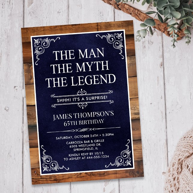 Rustic Man Myth Legend Surprise 65th Birthday Invitation (Creator Uploaded)