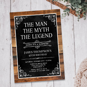 Rustic Man Myth Legend Surprise 65th Birthday Invitation
