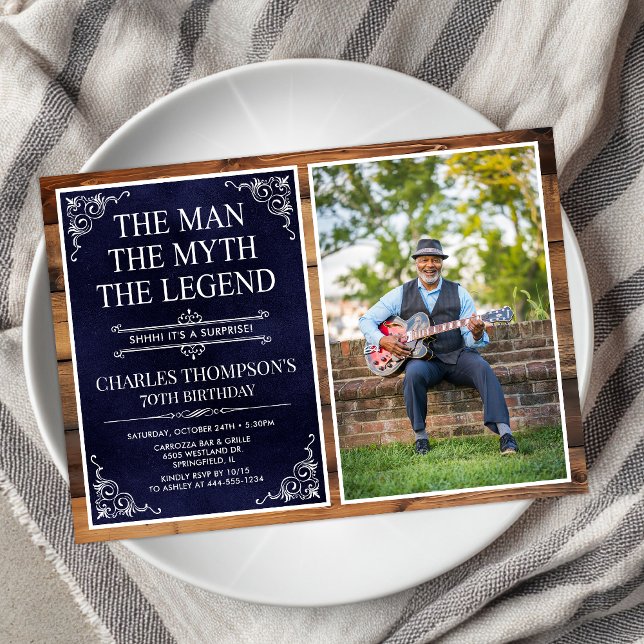 Rustic Man Myth Legend Surprise 70th Birthday Invitation (Creator Uploaded)