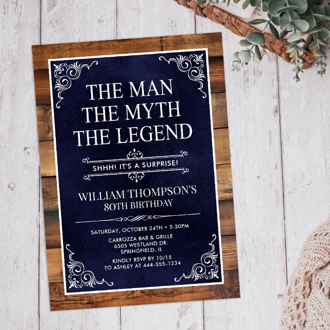 Rustic Man Myth Legend Surprise 80th Birthday Invitation (Creator Uploaded)