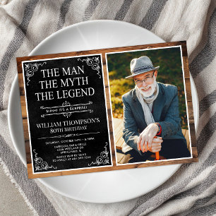 Rustic Man Myth Legend Surprise 80th Birthday Invitation